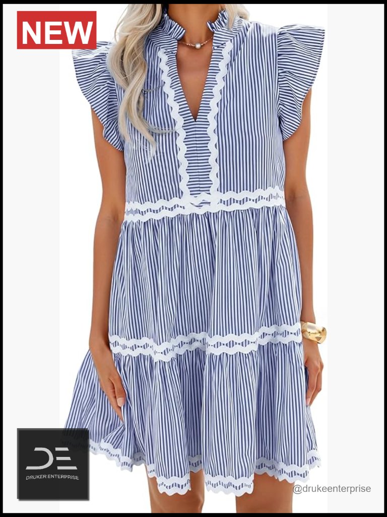 V-Neck Flutter Sleeve Striped Ruffle A-Line Mini Dress
